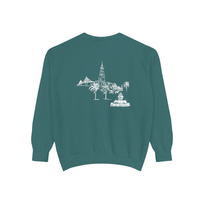 Back view of Charleston crewneck sweatshirt featuring matching Charleston skyline design, original art by Rebecca Illustrated.