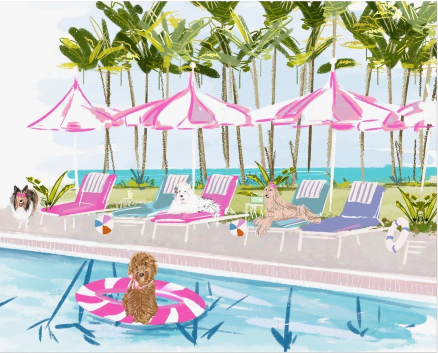 Illustrated poolside scene with dogs lounging on colorful chairs and one floating in a pink pool ring, greeting card artwork by Rebecca Illustrated.