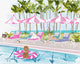 Illustrated poolside scene with dogs lounging on colorful chairs and one floating in a pink pool ring, greeting card artwork by Rebecca Illustrated.