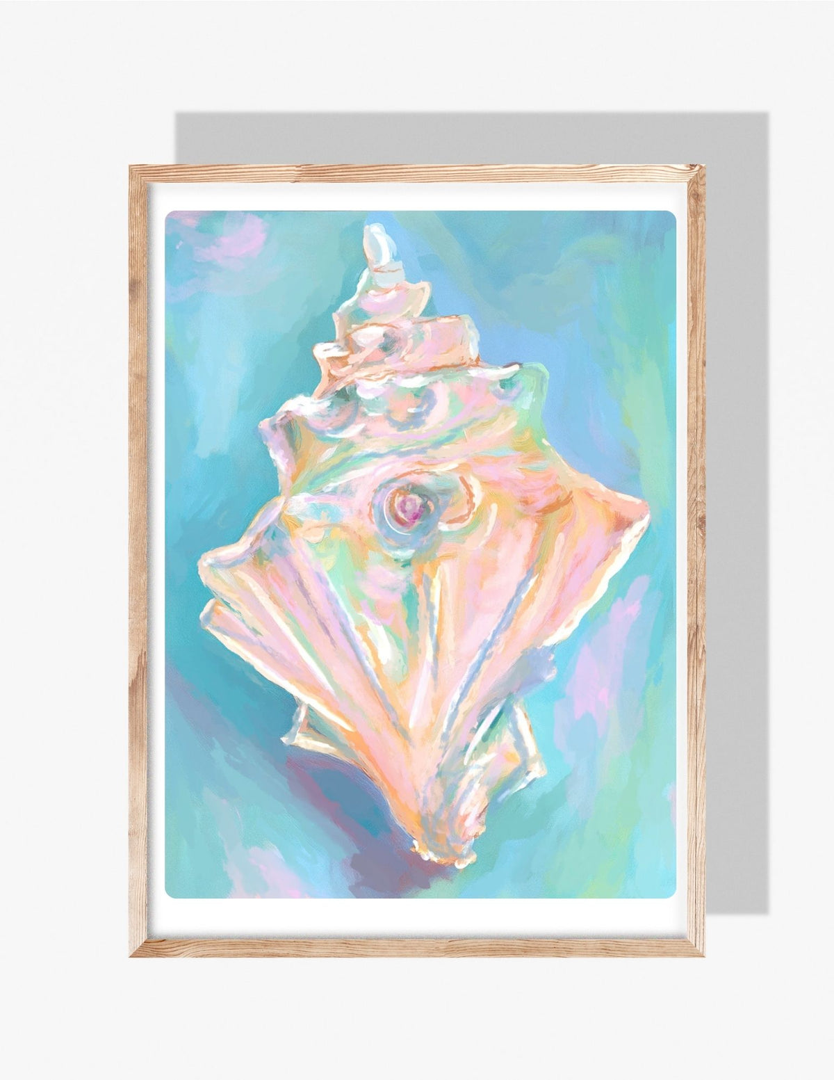 Pastel painting of a conch shell in blush, aqua, and lavender tones on a soft blue background — art by Rebecca Illustrated.