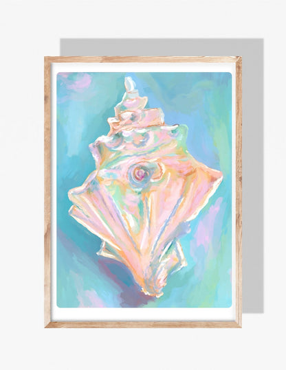 Pastel painting of a conch shell in blush, aqua, and lavender tones on a soft blue background — art by Rebecca Illustrated.