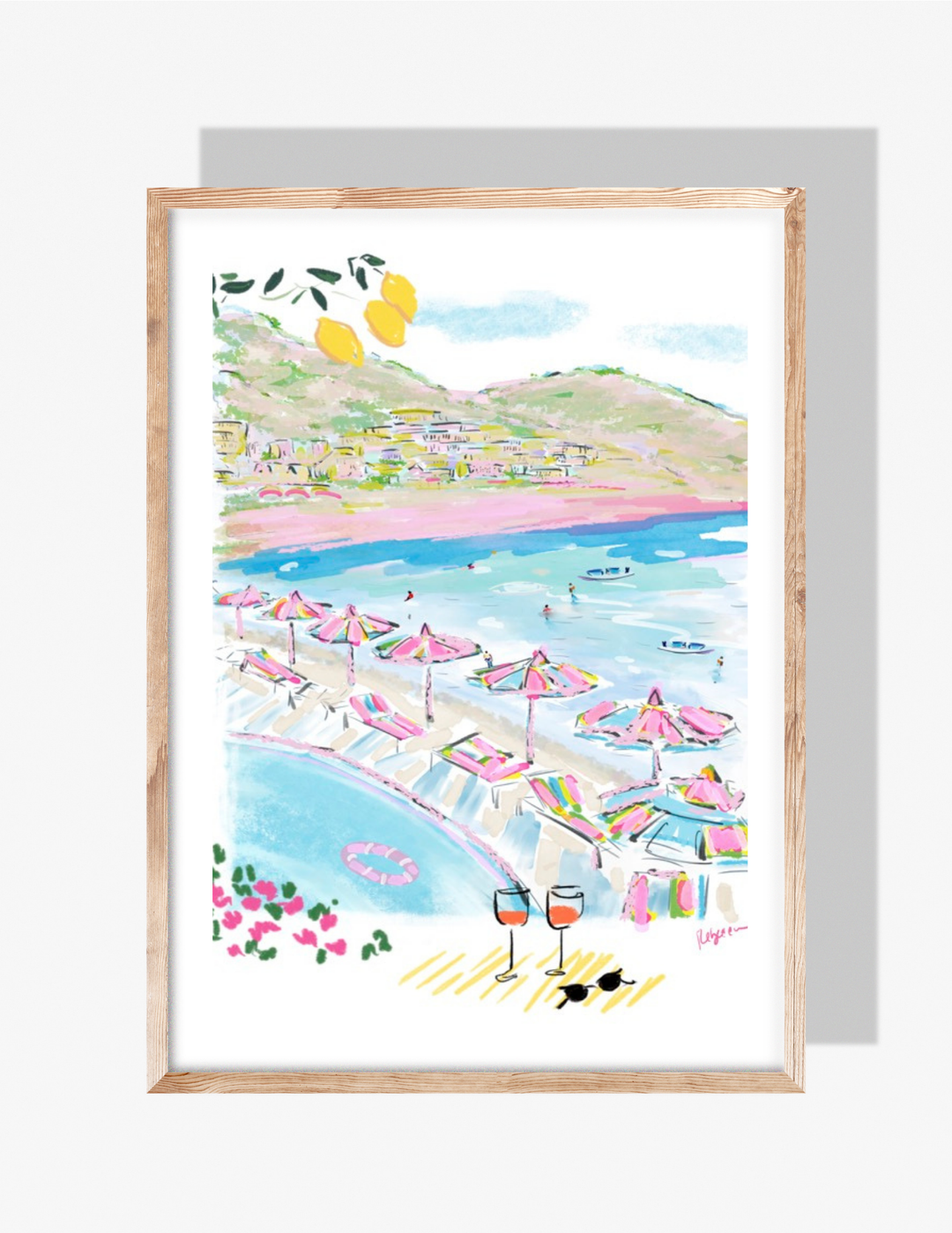 Watercolor-style coastal illustration with colorful beach umbrellas, turquoise water, hillside homes, lemons, glasses of rosé, and swimmers.