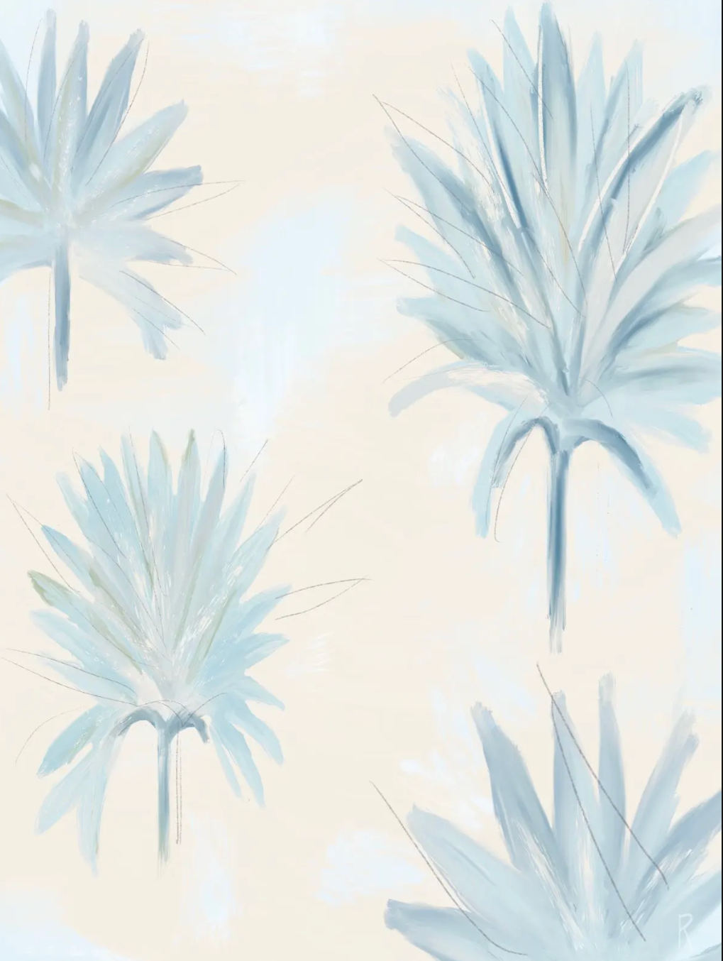 Abstract botanical wall art featuring four light blue palm fronds painted in a soft, textured style on a warm cream background.