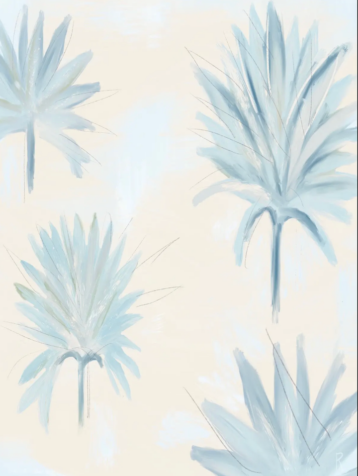 Abstract botanical wall art featuring four light blue palm fronds painted in a soft, textured style on a warm cream background.