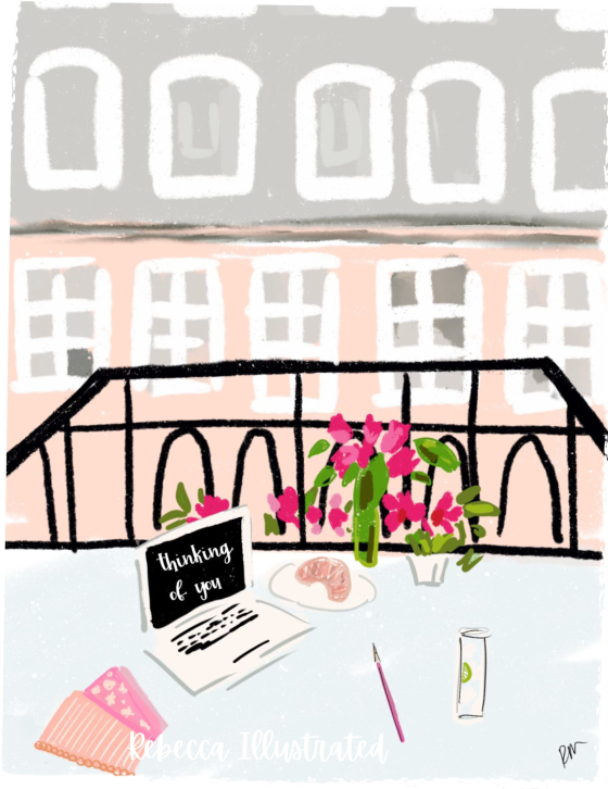 Illustration of a Parisian-style balcony with flowers, a laptop reading ‘thinking of you,’ a croissant, stationery, and pastel buildings in the background.