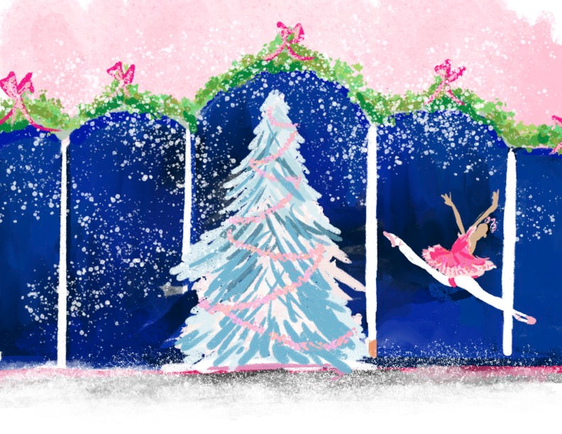 Holiday illustration of a ballerina dancing beside a Christmas tree with falling snow, original artwork by Rebecca Illustrated on a blank greeting card