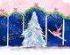 Holiday illustration of a ballerina dancing beside a Christmas tree with falling snow, original artwork by Rebecca Illustrated on a blank greeting card