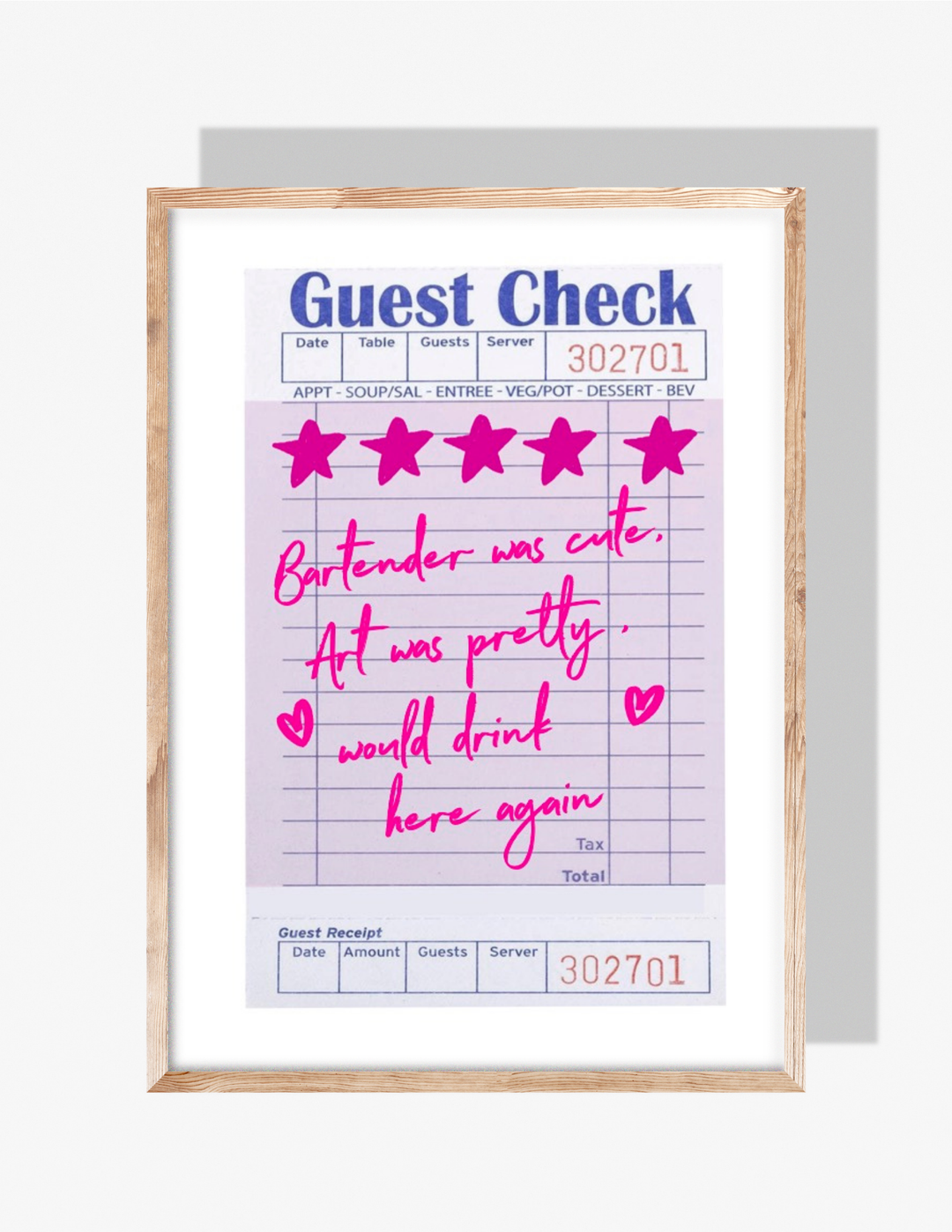 Illustrated restaurant guest check with five pink stars and handwritten pink text saying ‘Bartender was cute, art was pretty, would drink here again.