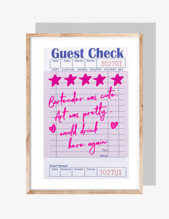 Illustrated restaurant guest check with five pink stars and handwritten pink text saying ‘Bartender was cute, art was pretty, would drink here again.