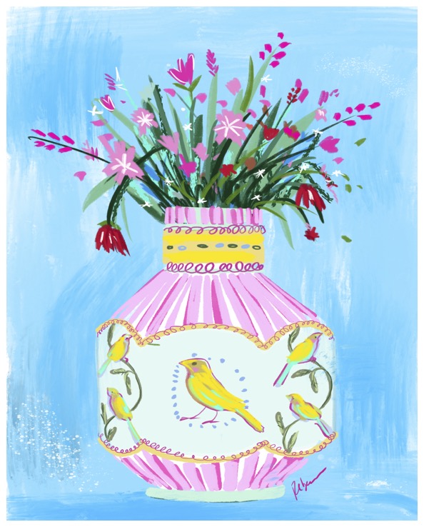 Colorful illustration of a decorative pink vase with yellow birds, filled with bright pink flowers on a blue background.