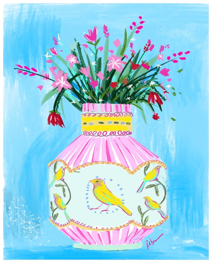 Colorful illustration of a decorative pink vase with yellow birds, filled with bright pink flowers on a blue background.
