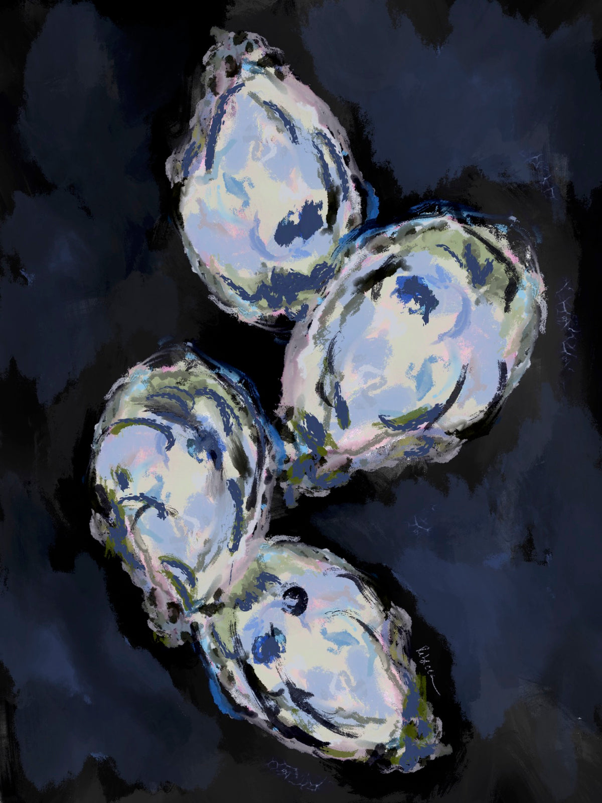 Blue and pearlescent oyster shell illustration on dark background — coastal artwork by Rebecca Illustrated.