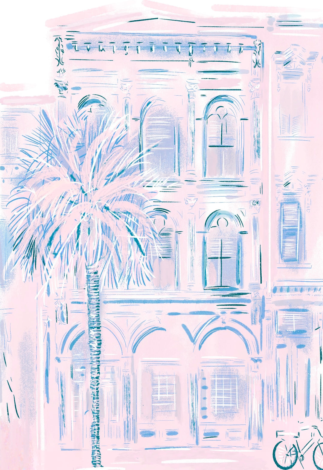 Digital art of a building with palm trees and fireworks on a pink background