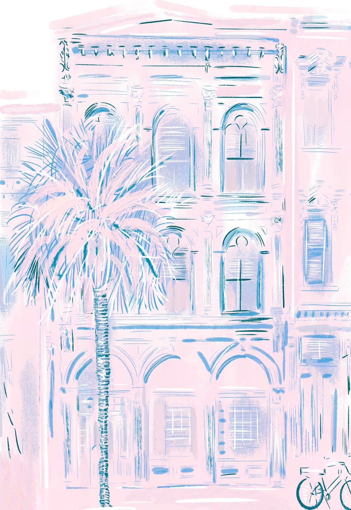 Digital art of a building with palm trees and fireworks on a pink background