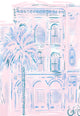 Digital art of a building with palm trees and fireworks on a pink background