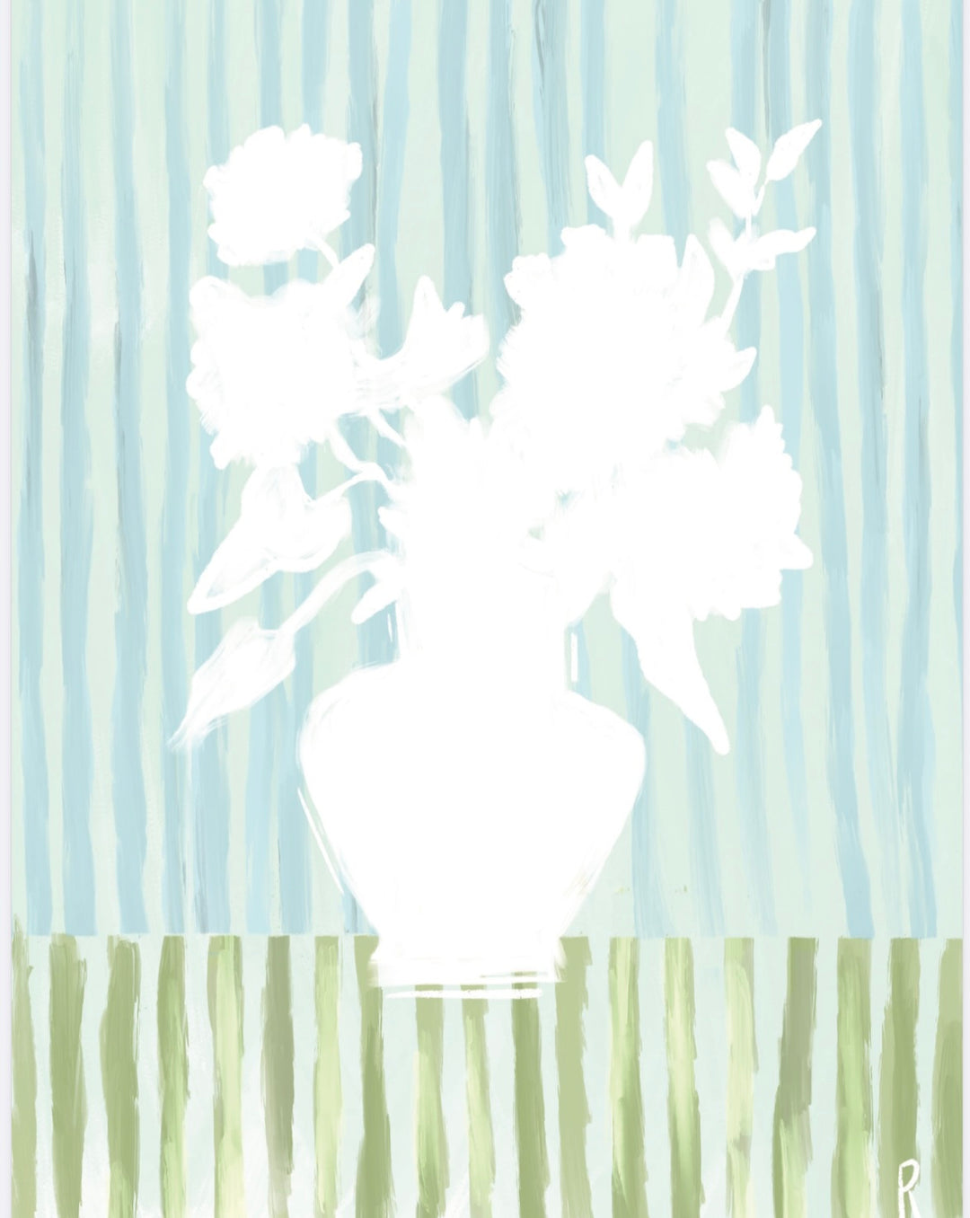 Blue Stripe Floral by Rebecca Illustrated featuring a white floral bouquet in a classic vase against hand-painted blue and green striped backgrounds.