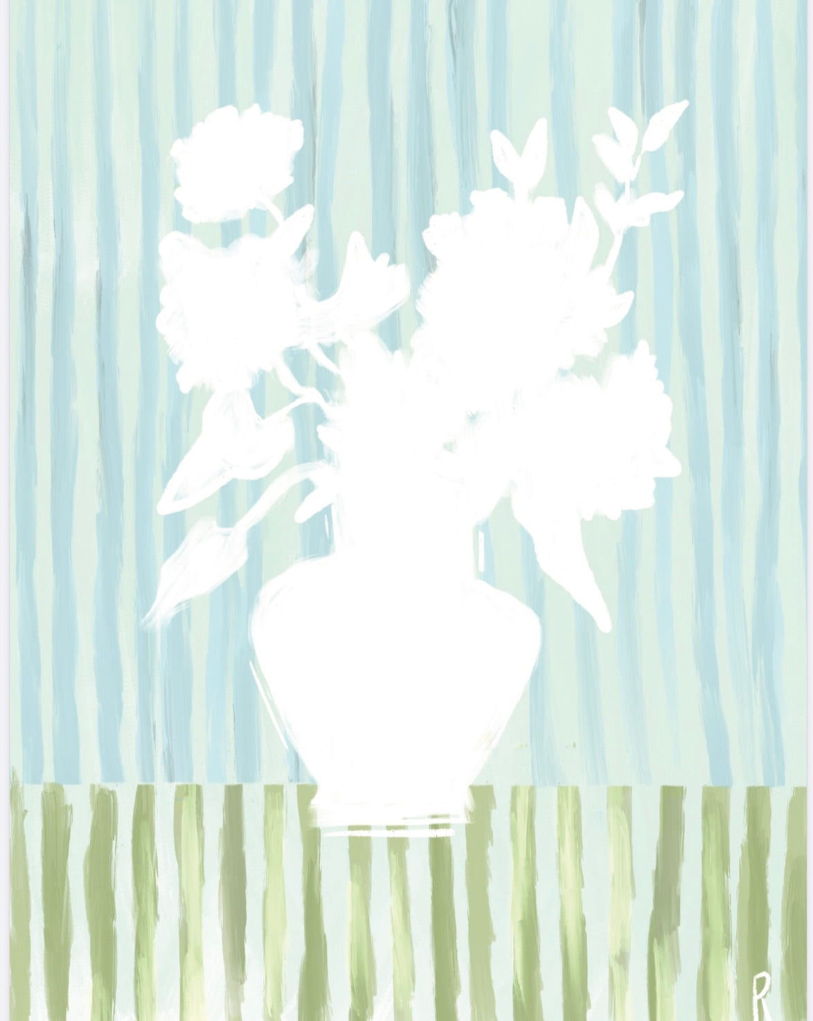 Blue Stripe Floral by Rebecca Illustrated featuring a white floral bouquet in a classic vase against hand-painted blue and green striped backgrounds.
