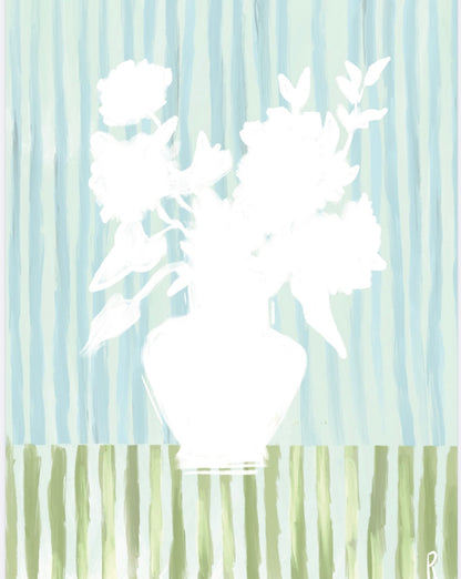 Blue Stripe Floral by Rebecca Illustrated featuring a white floral bouquet in a classic vase against hand-painted blue and green striped backgrounds.