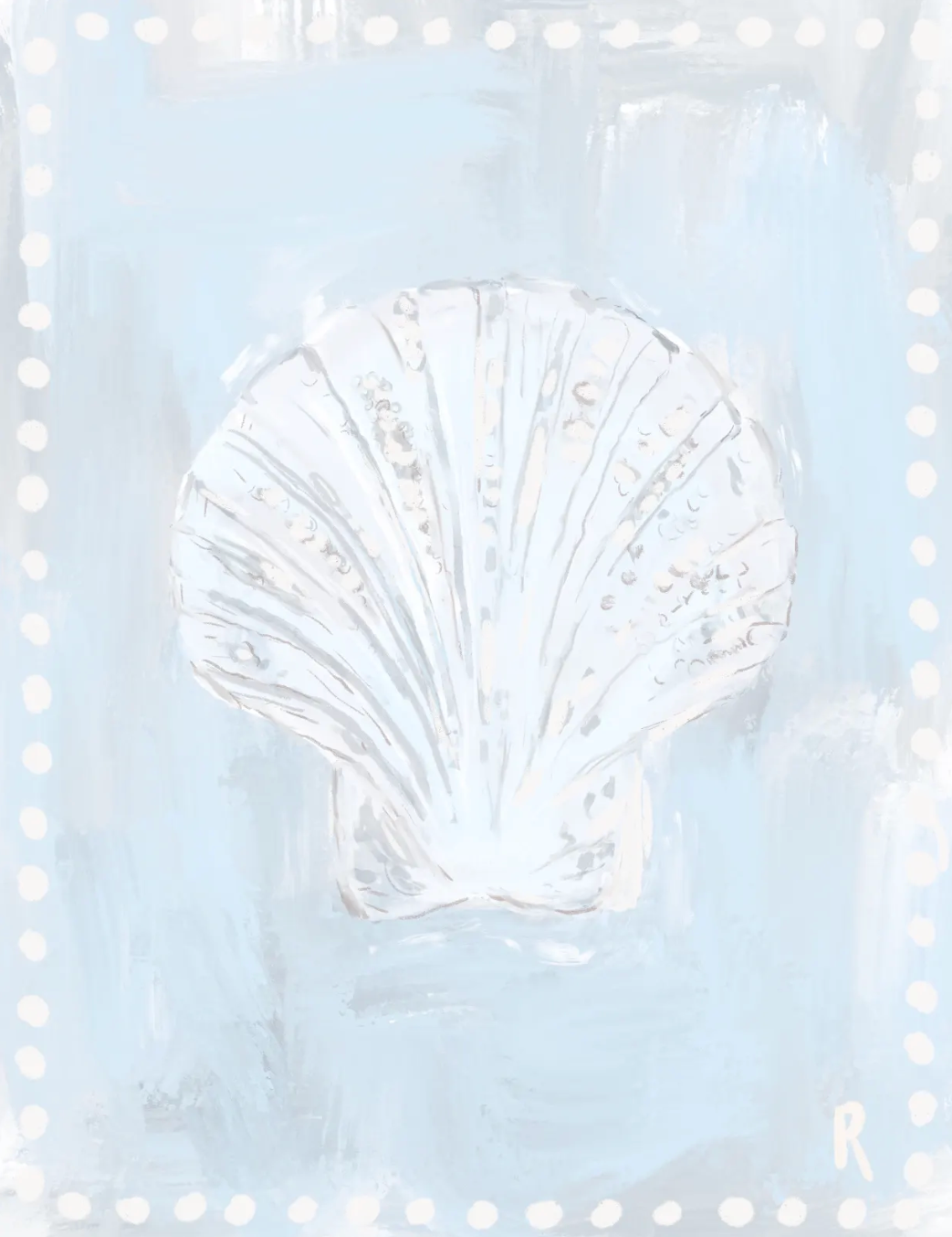A square art print depicting a white scallop shell centered on a textured light blue background, framed by a white dotted border.