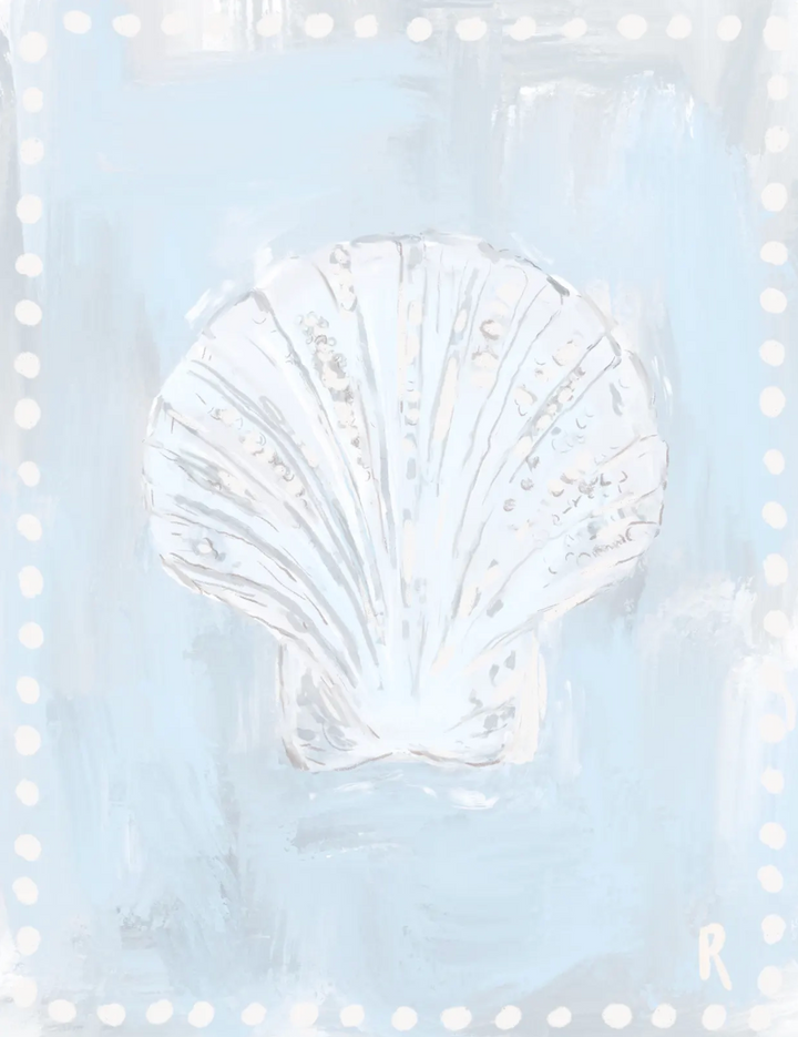 A square art print depicting a white scallop shell centered on a textured light blue background, framed by a white dotted border.