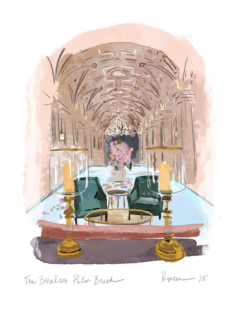 Artistic depiction of a grand interior with a table and candles, framed by an archway.
