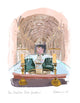 Artistic depiction of a grand interior with a table and candles, framed by an archway.
