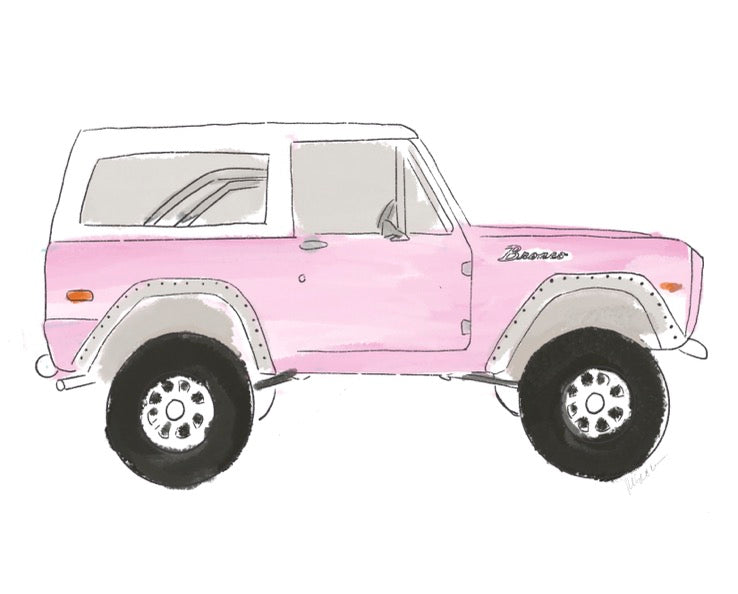 Watercolor-style illustration of a vintage pink Bronco with oversized tires and hand-drawn details