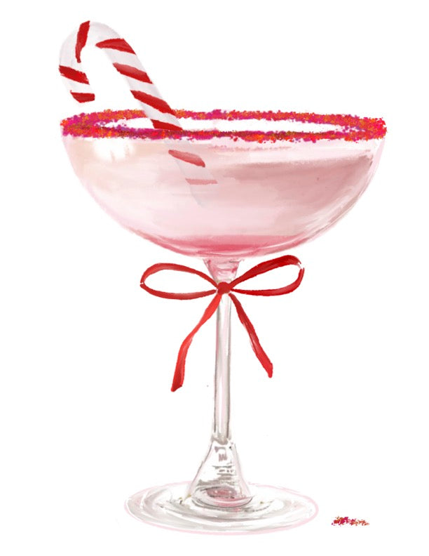 Watercolor-style print of a pink peppermint cocktail in a coupe glass with a candy cane, red ribbon around the stem, and festive sprinkles on the rim.
