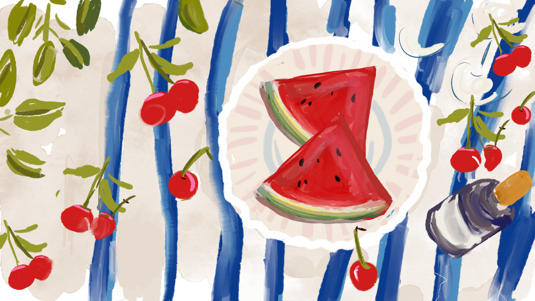 Whimsical watercolor illustration featuring watermelon slices, bright red cherries, and a blue-and-white striped tablecloth, celebrating the fresh and cheerful spirit of summer.