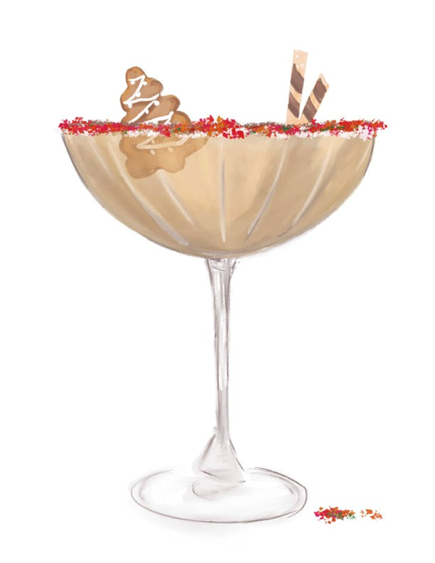 Watercolor-style art print of a festive gingerbread cocktail in a coupe glass with colorful sprinkles, gingerbread cookie garnish, and wafer sticks.