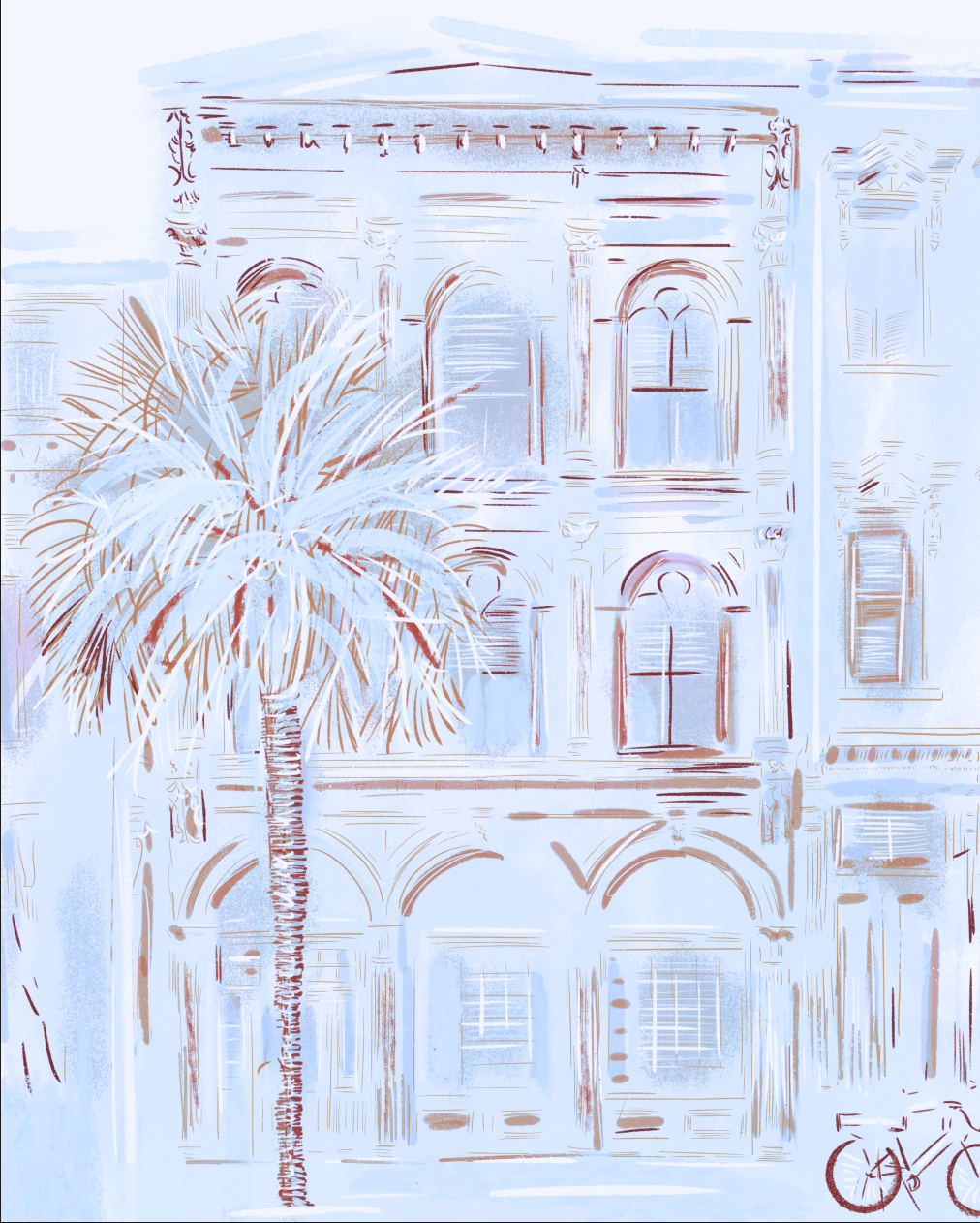 A stylized architectural painting of a building facade with a palm tree in front, rendered in pale blue, white, and brown linework.