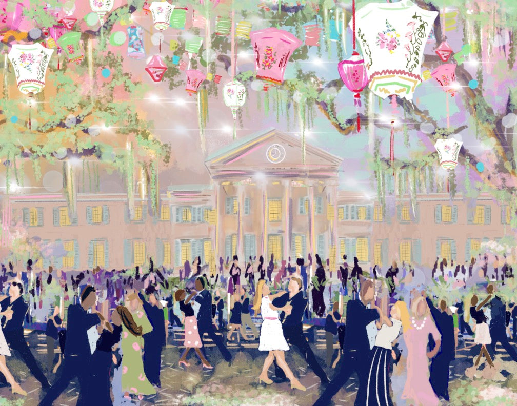 Colorful illustration of a festive crowd dancing beneath hanging lanterns in front of a historic Charleston campus building — artwork by Rebecca Illustrated