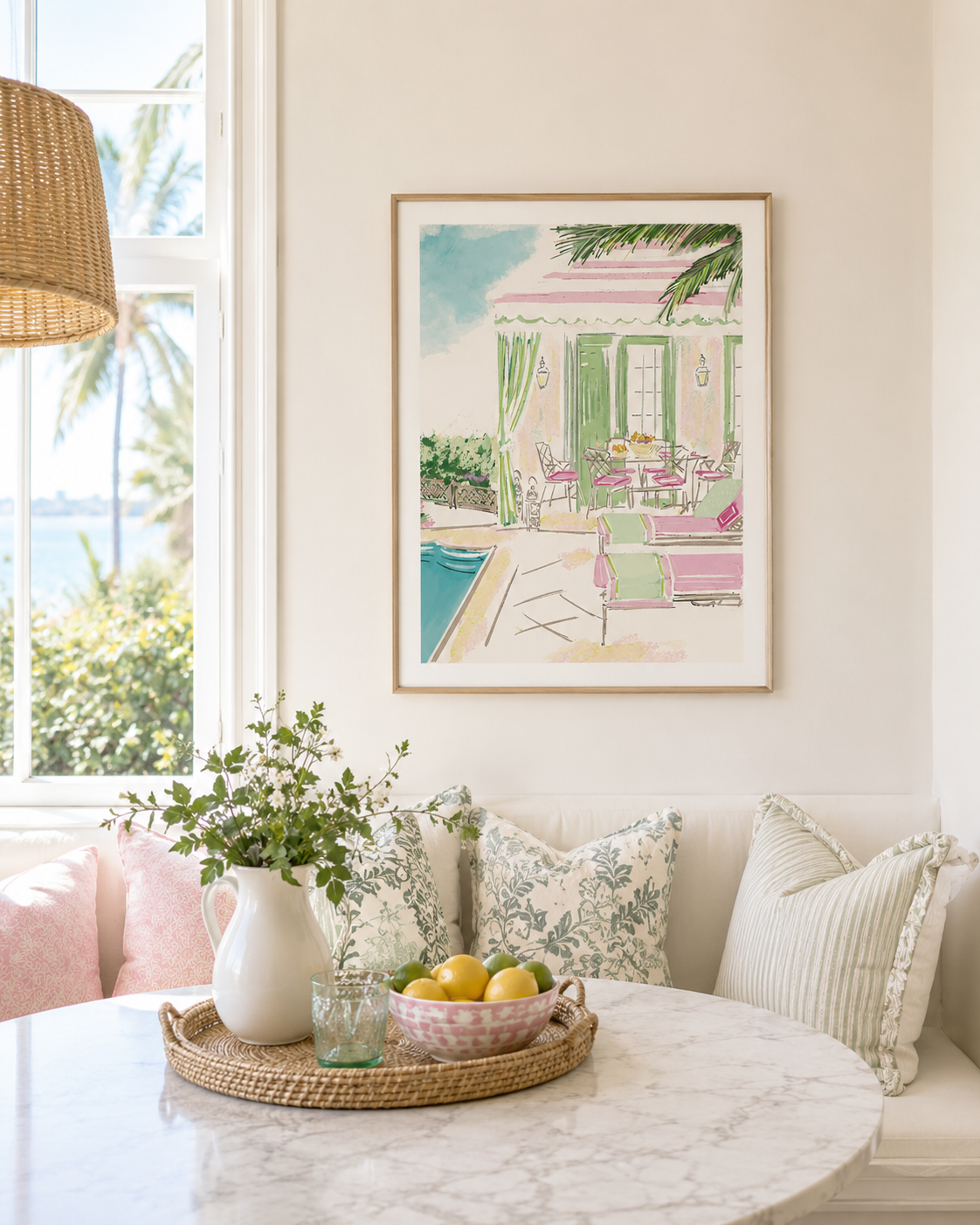 A framed art print featuring a pastel illustration of a poolside patio scene, styled on a cream wall above a white sofa with pink and green pillows in a bright, modern living room.