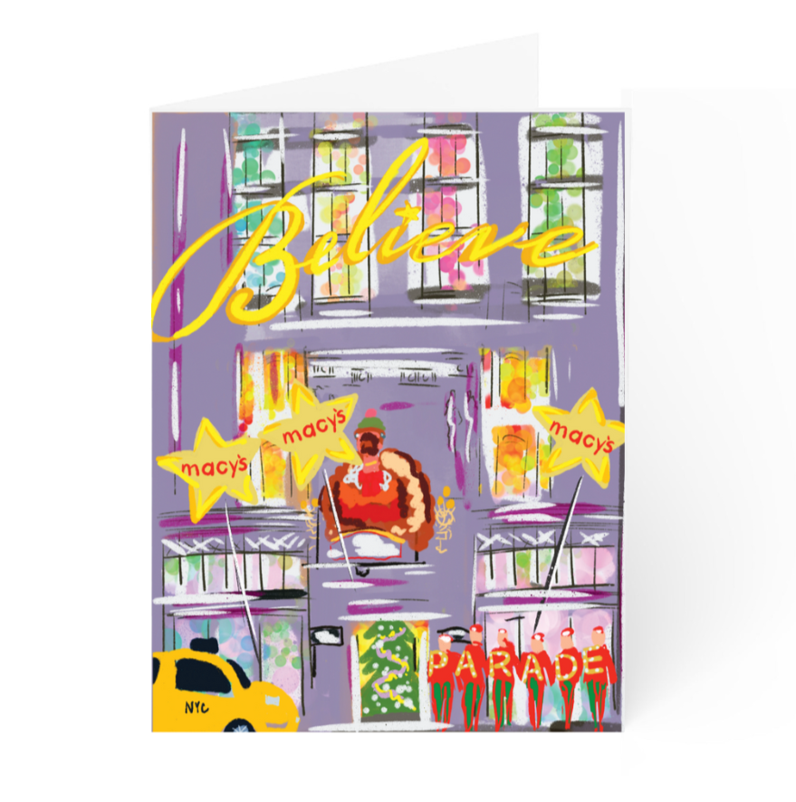 Christmas greeting card with illustrated New York City department store windows, holiday parade scene, and the word “Believe,” blank interior