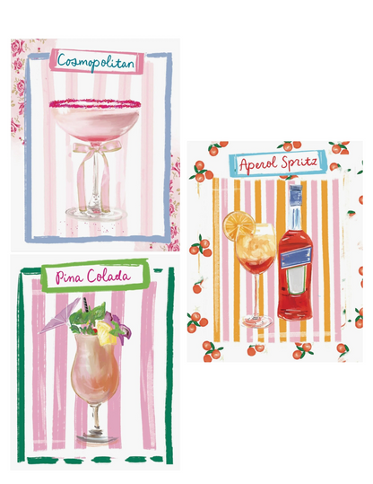 Three-piece cocktail art set featuring Cosmopolitan, Aperol Spritz, and Piña Colada illustrations with colorful striped backgrounds by Rebecca Illustrated.