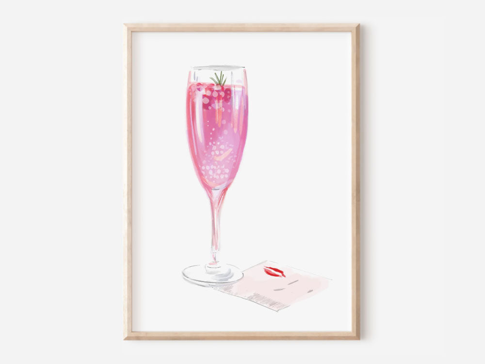 A pink sparkling cocktail illustration by Rebecca Illustrated, featuring a champagne flute with berries and rosemary, next to a lipstick-stained note.