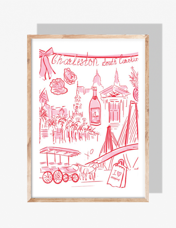 Pink and red sketch-style illustration featuring Charleston landmarks, oysters, carriage, palmetto trees, and handwritten ‘Charleston South Carolina’ at the top.