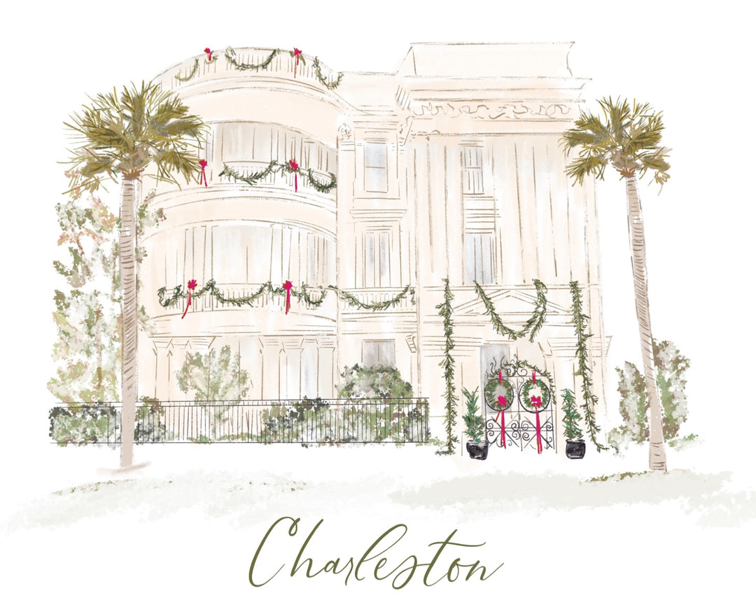 Illustration of a Charleston home decorated with holiday garlands, wreaths, and palm trees, original artwork by Rebecca Illustrated on a blank Christmas greeting card.