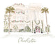 Illustration of a Charleston home decorated with holiday garlands, wreaths, and palm trees, original artwork by Rebecca Illustrated on a blank Christmas greeting card.
