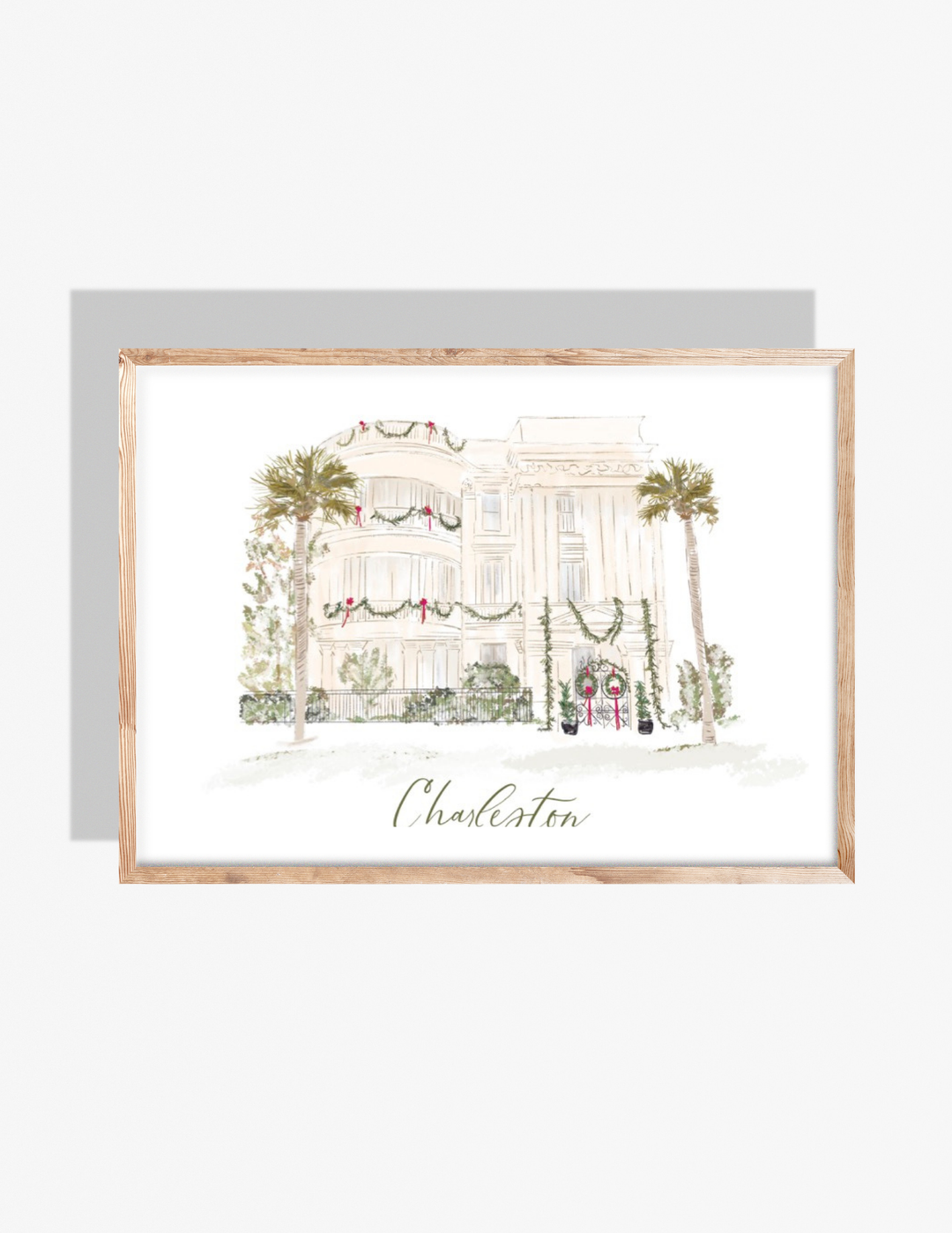 Watercolor-style illustration of a Charleston house decorated with Christmas garlands, wreaths, and red ribbons.