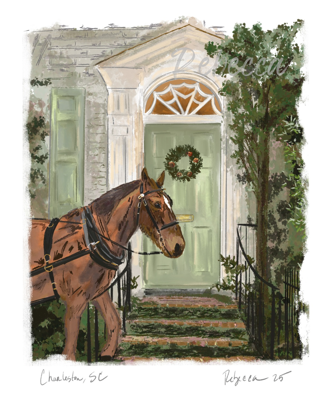 Watercolor-style illustration of a carriage horse standing in front of a historic Charleston doorway surrounded by greenery.