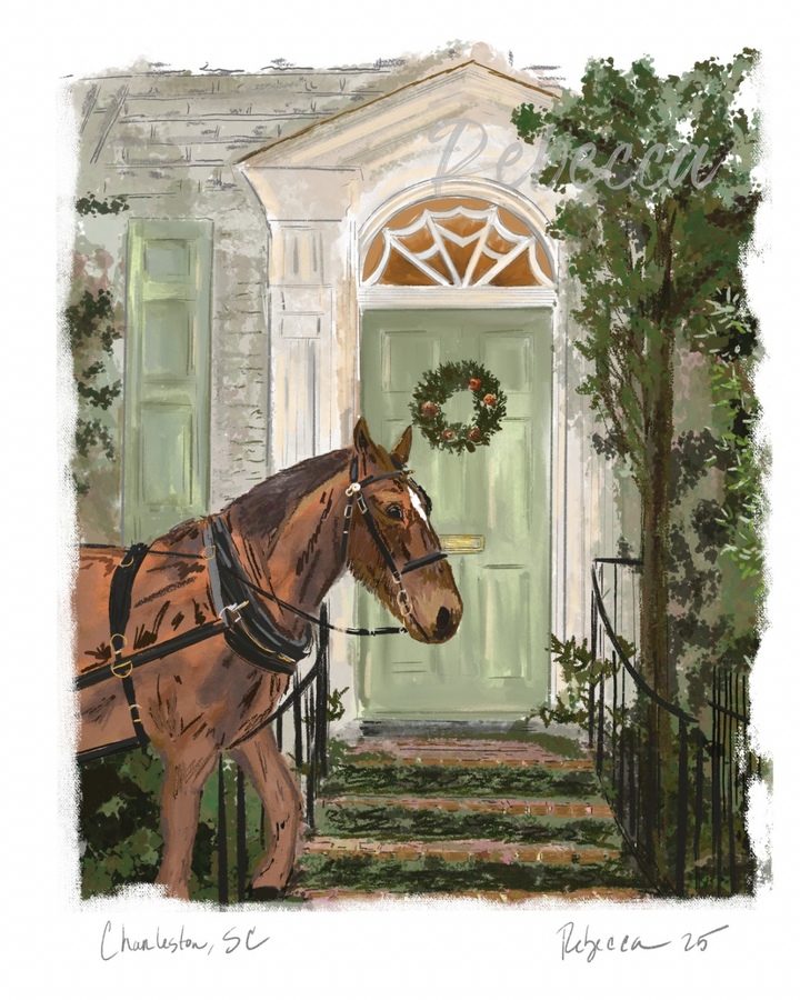 Watercolor-style illustration of a carriage horse standing in front of a historic Charleston doorway surrounded by greenery.