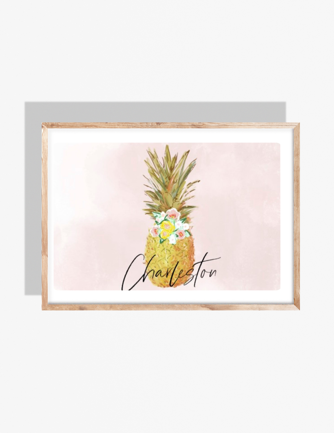 Watercolor pineapple with pastel flowers and the word ‘Charleston’ on a pink background, illustrated by Rebecca Illustrated.