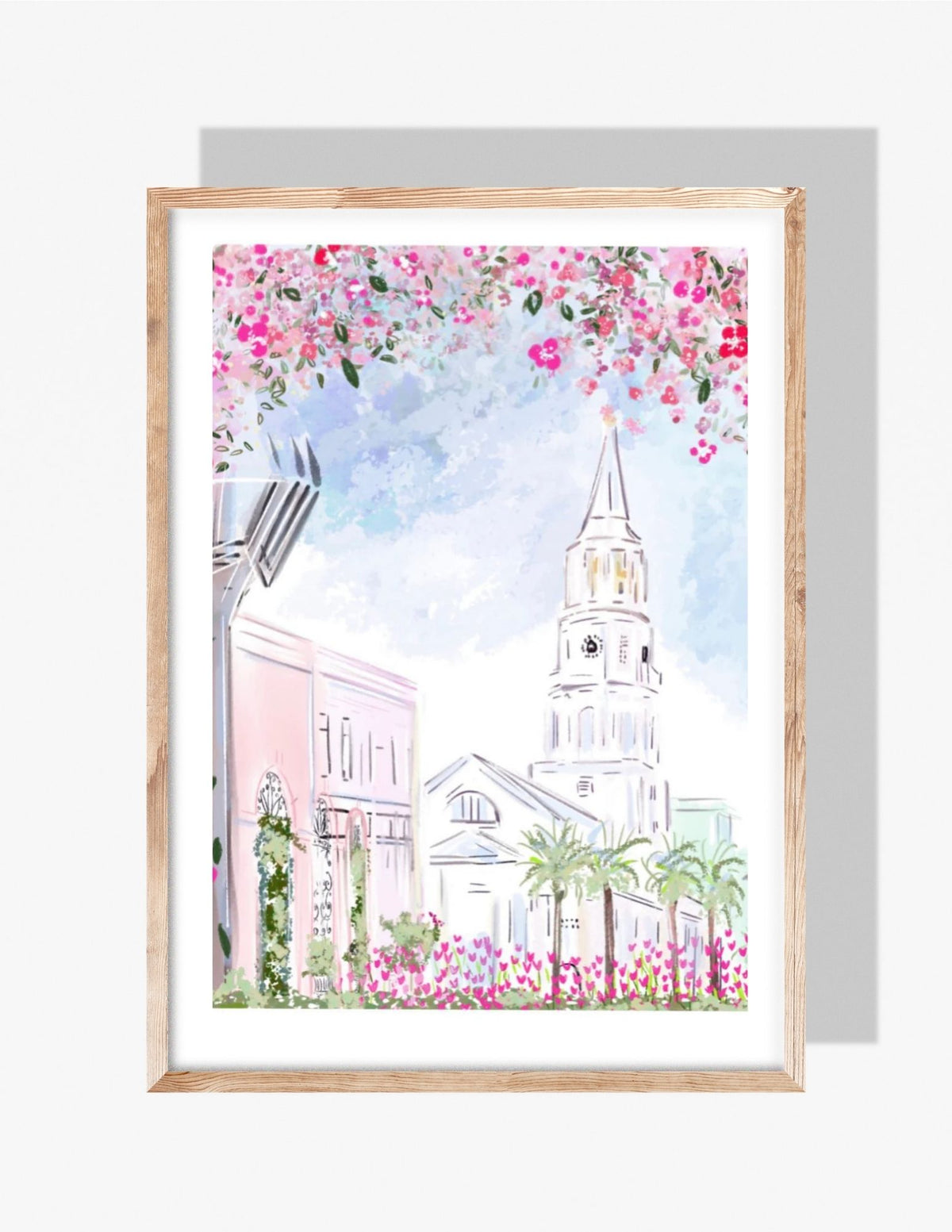 Watercolor illustration of St. Philip’s Church in Charleston with pink florals, palm trees, and pastel architecture, artwork by Rebecca Illustrated.