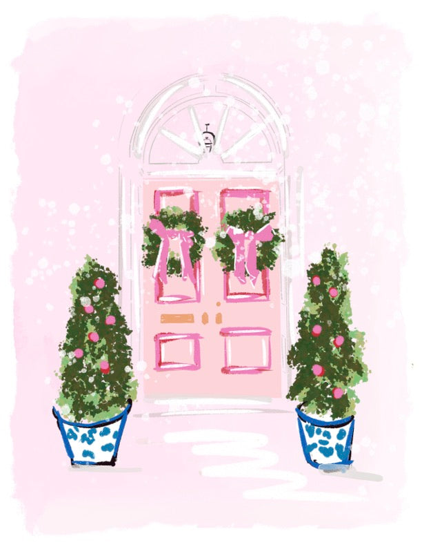 Pink front door decorated with green wreaths and potted topiary trees in a soft snowfall, Christmas illustration by Rebecca Illustrated.