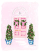 Pink front door decorated with green wreaths and potted topiary trees in a soft snowfall, Christmas illustration by Rebecca Illustrated.
