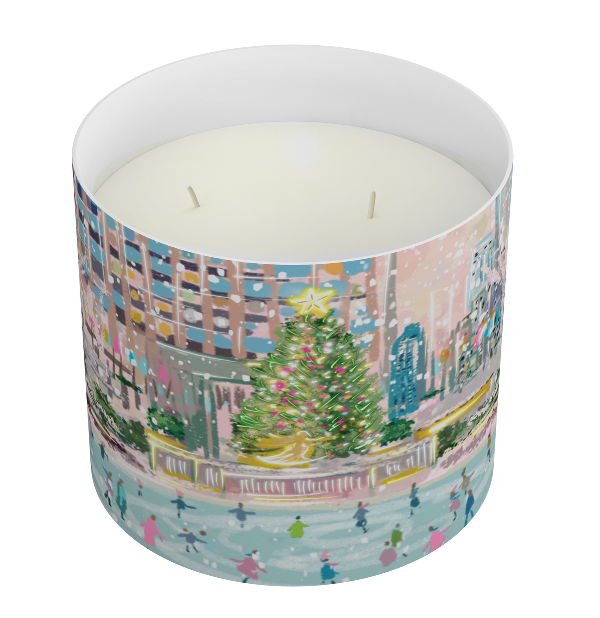 A cylindrical scented candle with a colorful winter city scene printed on the outside, filled with white wax and featuring two wicks, shown on a plain white background.