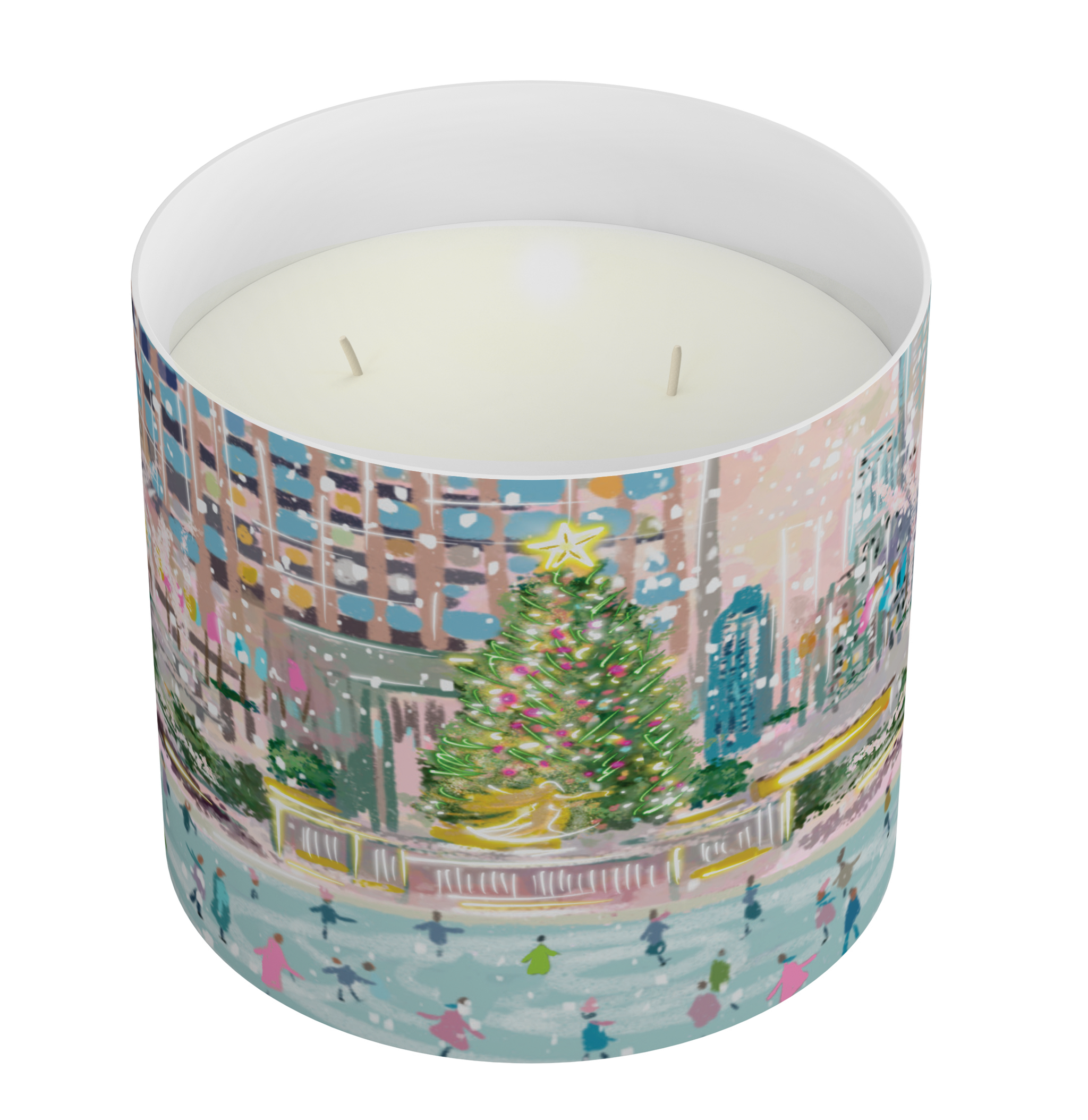 A cylindrical scented candle with a colorful winter city scene printed on the outside, filled with white wax and featuring two wicks, shown on a plain white background.