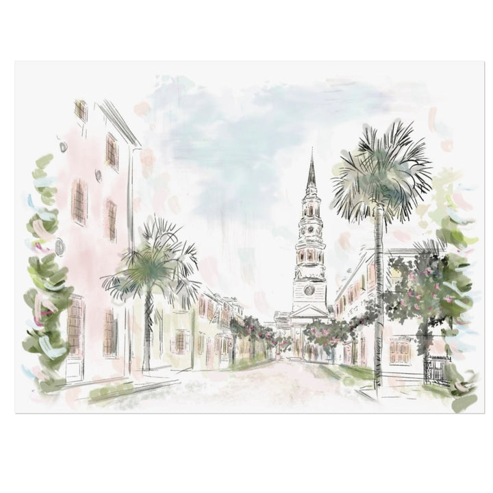 Illustration of a Charleston street scene with pastel homes, palm trees, and a historic church steeple, original artwork by Rebecca Illustrated on a blank greeting card.