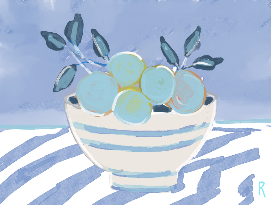 Watercolor style still life artwork of round light blue fruits in a white bowl with blue stripes, set against a pale blue background with blue striped surface details.